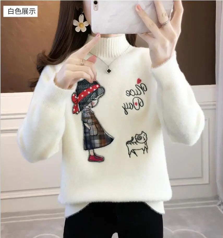 

Свитер из меха норки, Женская свободная одежда, полуводолазка, вышитый вязаный популярный золотой норковый свитер