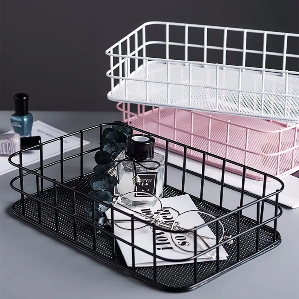 

Storage Basket Nordic Rectangle Metal Office Sundries Finishing Iron Baskets Dressing Table Cosmetics Organizer Basket