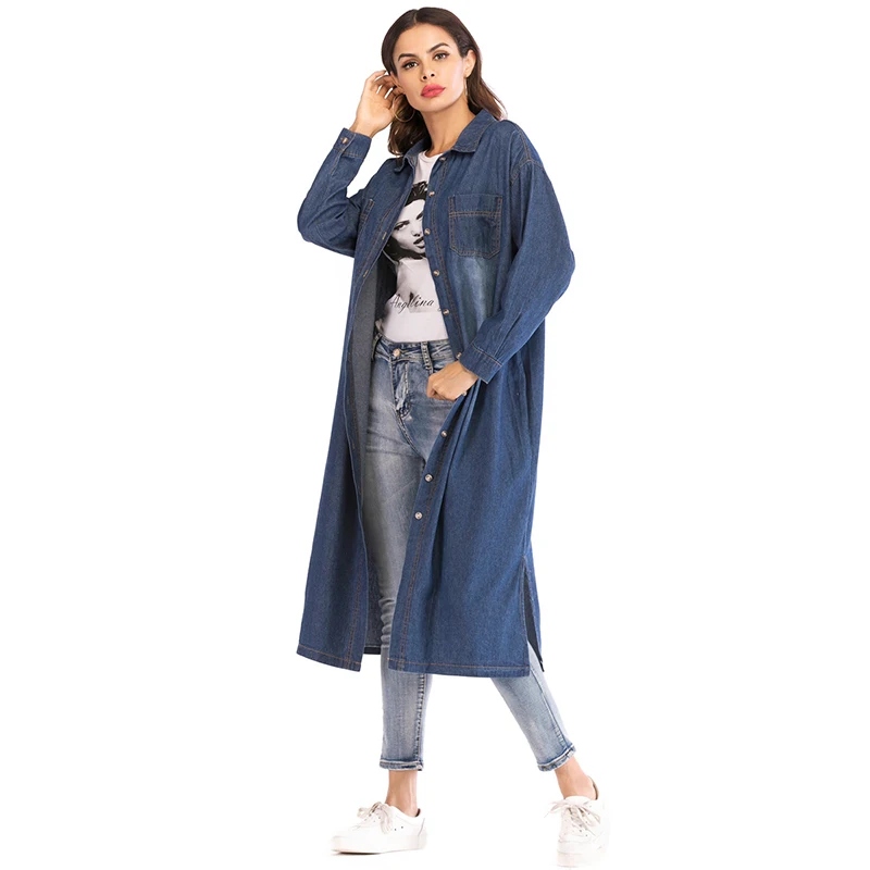 Мусульманская абайя однобортная с отворотом длинная бутик джинсовая рубашка