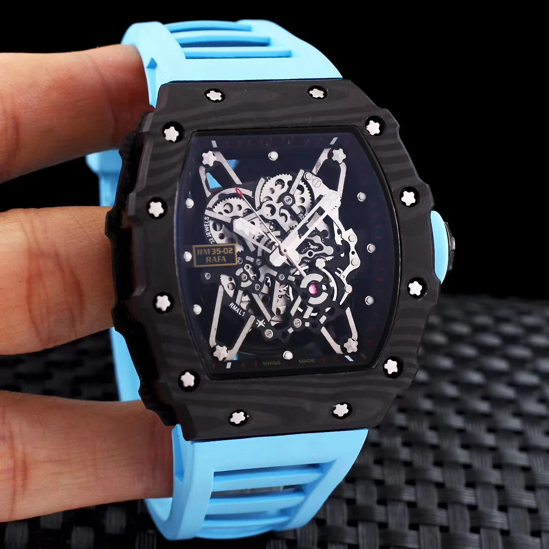 

Luxury New Brand Men RAFAEL NADAL Skeleton Dial NTPT Red Blue Carbon Fiber Automatic Mechanical Watch Black Rubber Sport Watches