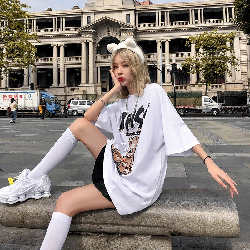 

Summer Tide Brand Cartoon Bear Short-sleeved Pure Cotton Ladies T-shirt Trend Anime Half-sleeved Oversize Couple T-shirt Outfit
