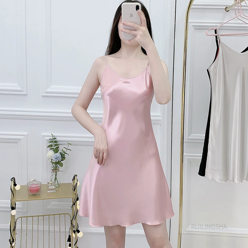 

Women Spring Summer Silk Satin Nightgowns Sleepshirts Sexy Spaghetti Strap Night Wear Solid Lace Homewear Sleeveless Sleep Tops