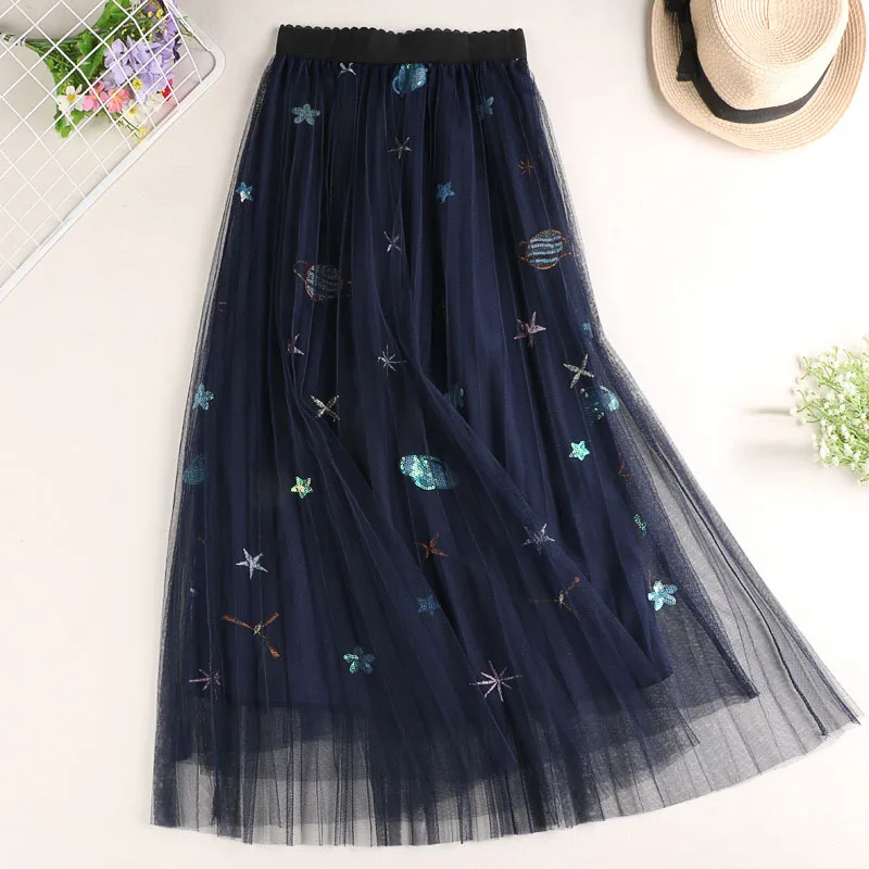 

Sweet Embroidered Galaxy Pleated Layered Tulle Long Midi Skirts Sequined Stars Planets Mesh Long Pleated Skirt WF0186