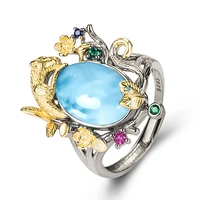 1410mm 925 sterling silver pear larimar butterfly shape ring vintage jewelry oval design wedding stone adjustable women