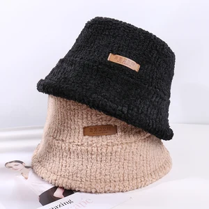 New Bucket Hat Korea Autumn Winter Lamb Wool Warm Embroidered Letter Fisherman Hat Japanese Leisure Couple Simple Basin Cap
