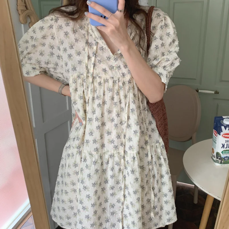 

Apricot Floral Print Cotton Dress Women Holiday Summer Lace Up O-neck Loose Mini Dresses Female Casual Vintage Short Dress