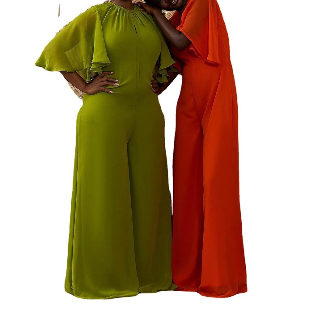 

African Fashion New 2021 Jumpsuit Solid Color Loose Casual Long Lotus Sleeve Women's Round Neck Folds Europe America Summer
