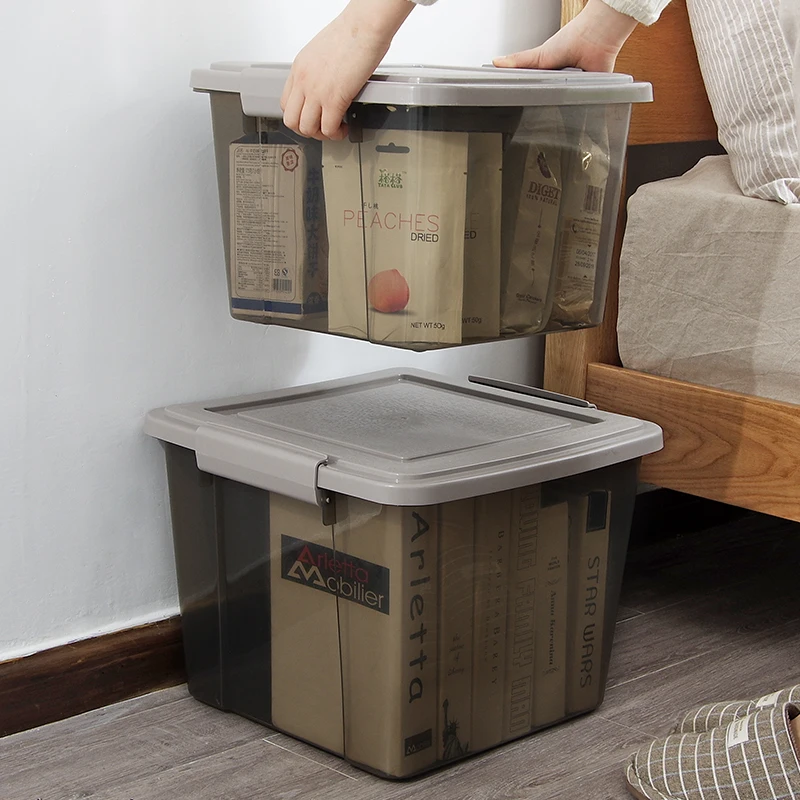 Полупрозрачный большой ящик для хранения с крышкой пластиковый бытовой