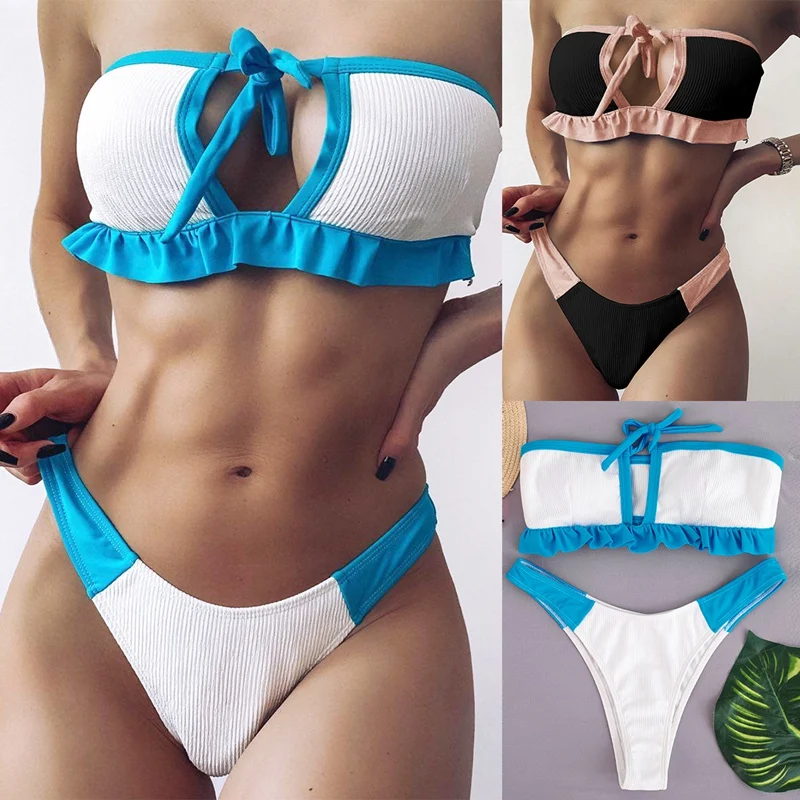 

Women's Fashion Sexy Bikini Stitching Bandage Split 2-Piece Swimsuit