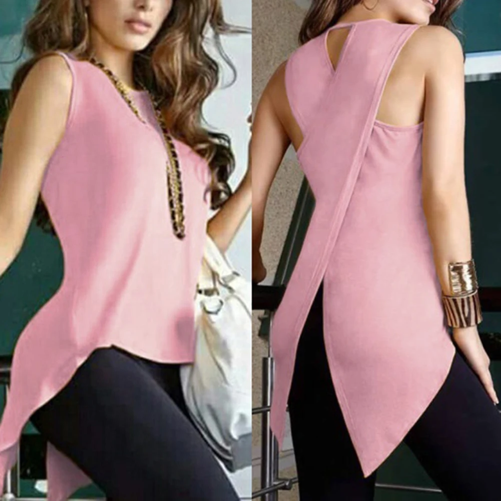 Женский летний модный однотонный Асимметричный топ без рукавов с перекрестной