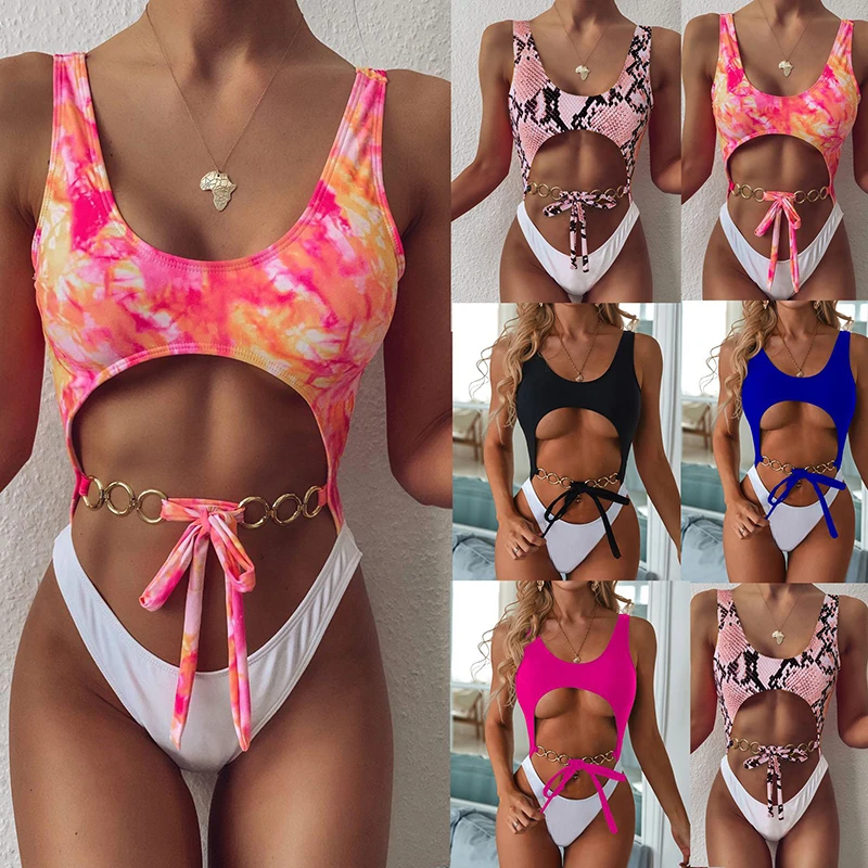 

Serpentine Solid Bandage Women Swimsuits Sexy Bikinis Push Up Metal Thongs Swimwear Fashion Bathing Suits Low Waist Beachwear