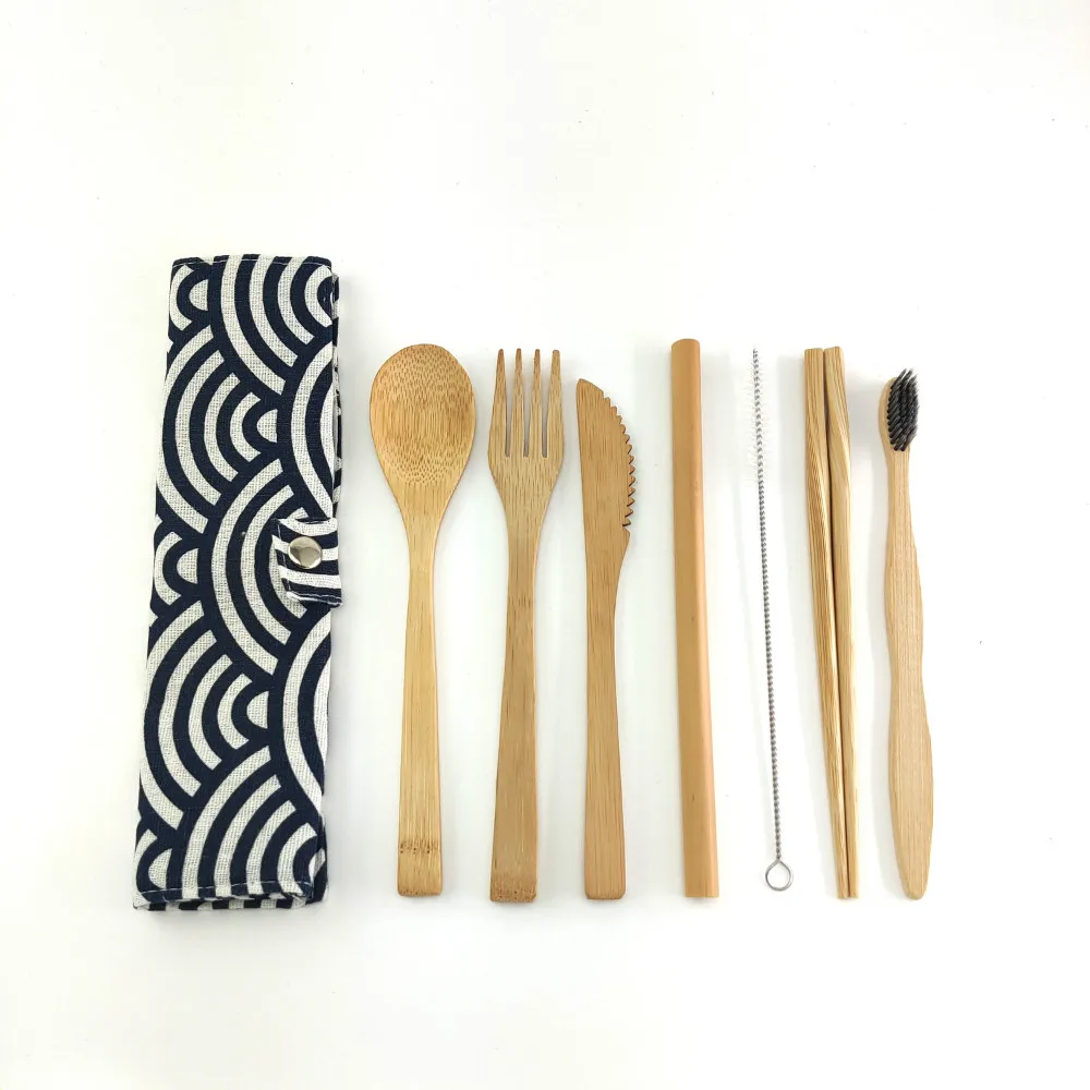 

Portable Dinnerware Set Japanese Style 7Pcs Bamboo Buckle Cutlery Fork Knife Spoon Chopsticks Straw Travel Cutlery Tableware