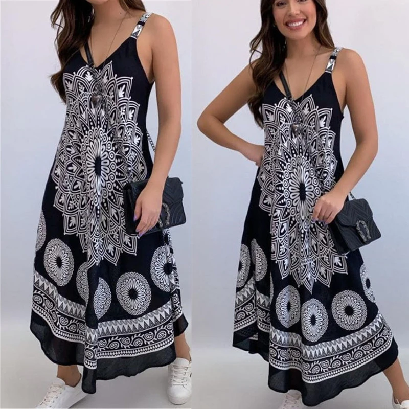 

Summer Ladies Personality Totem Print Long Skirt Sexy Deep V-neck Sleeveless Pullover Dress High Waist Slim Suspender Long Skirt