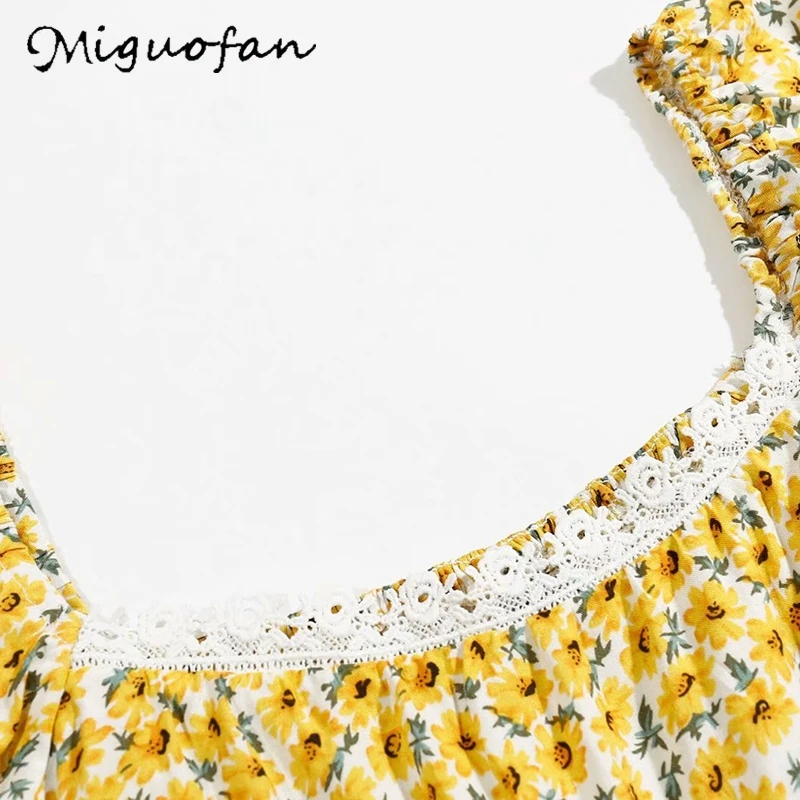 Miguofan dresses for women lace up flower print boho style beah holiday summer dress vintage sexy mini puff sleeve vestido | Женская
