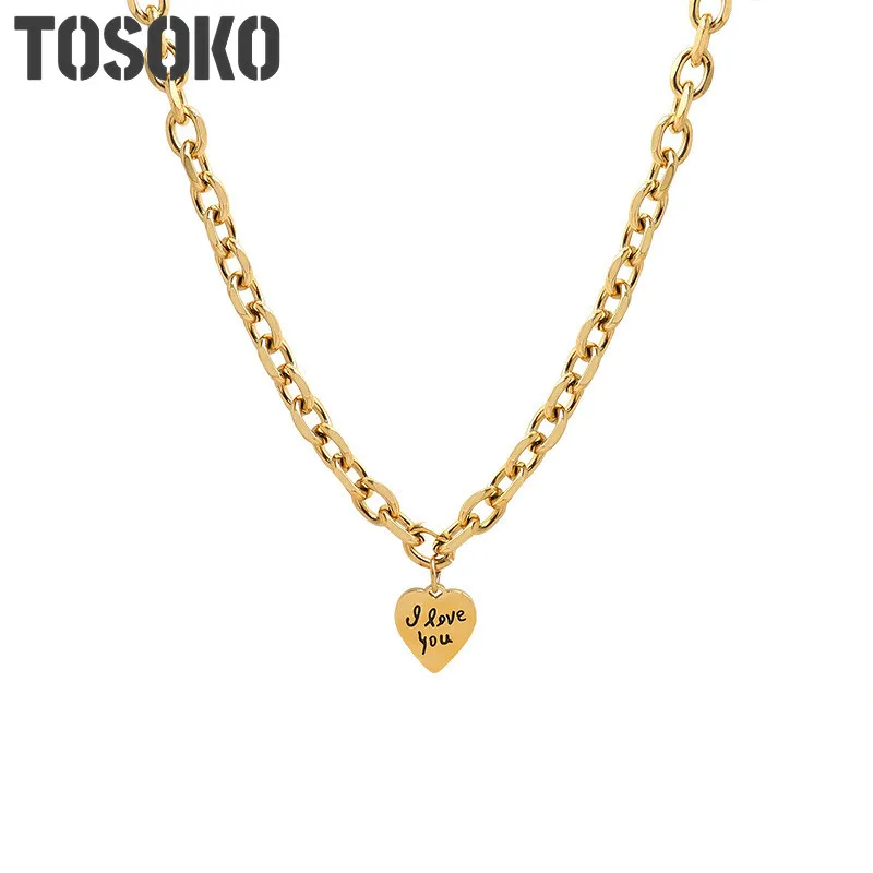 

TOSOKO Stainless Steel Jewelry Hip Hop Square Necklace Love Sweet Cool Necklace Women Fashion Link Chain BSP850