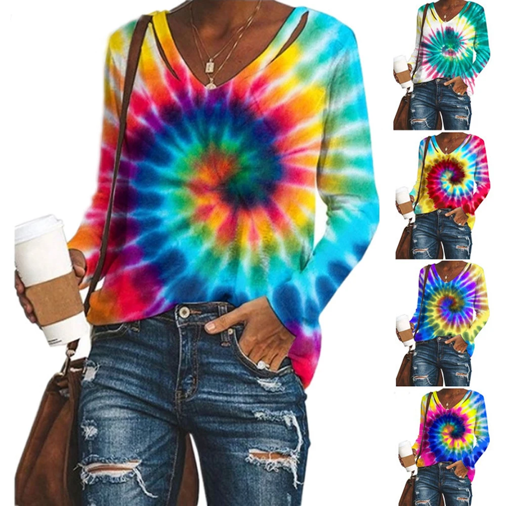 

V-neck Women T-Shirt Long Sleeve Lady T Shirt Tie-dye Spring Autumn Tops Female Clothing Hollow Out Size S-5XL Casual Tees