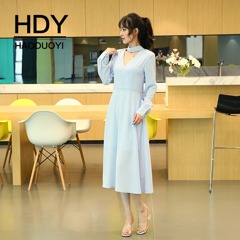 HDY Haoduoyi New Fashion Autumn Sexy Casual Slim Stylish Simple Solid Cutout Lace Bow Party Elegant Women Mid Dress | Женская одежда