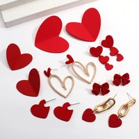 amorcome dainty red heart bowknot flower pendant drop earrings minimalist enamel metal statement earrings women wedding jewelry