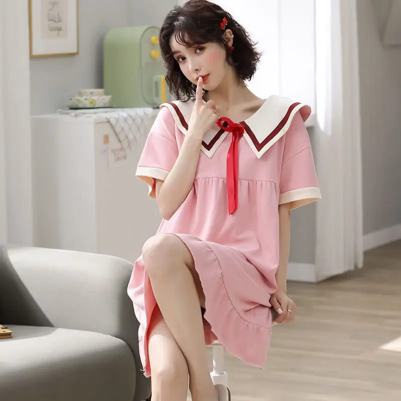 Ladies Nightdress Summer New Cotton Doll Collar Girl Cute Japanese Ins Student Uniform Pajamas Female Spring Nightgown