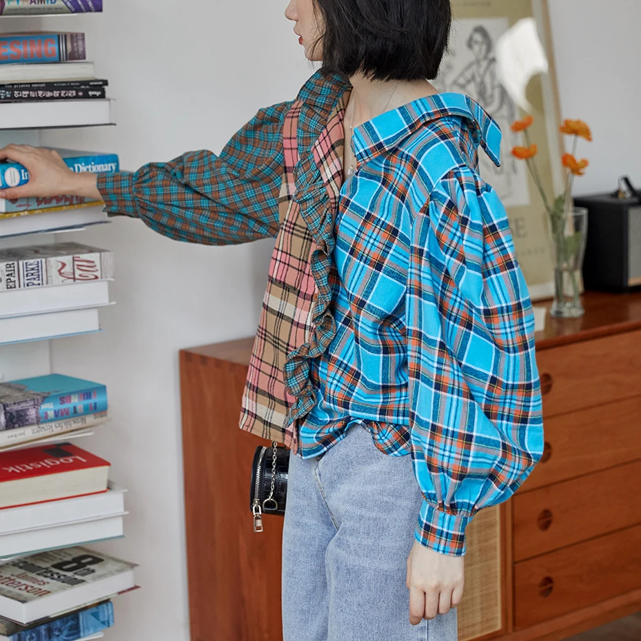 

Fall Contrast Color Plaid Shirt Women Retro Loose Casual Elegant Ruffles Blouse Ladies Shirt Fashion Lantern Sleeve Tops