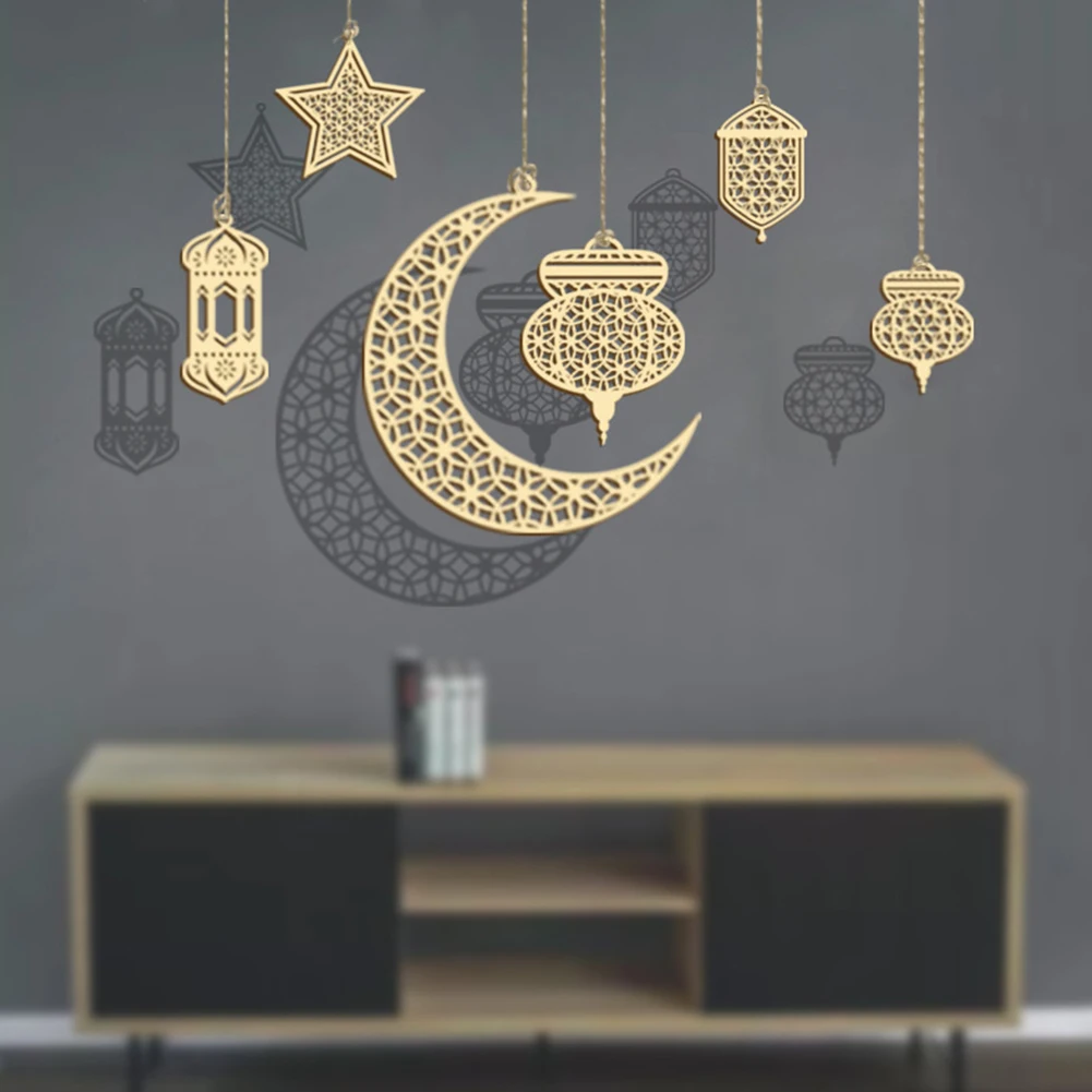 

Ramadan Kareem Eid Wooden Pendant DIY Wall Decor With Moon Star Lamp Ramadan Hanging Ornaments Festival Supplies Mubarak 9PCS