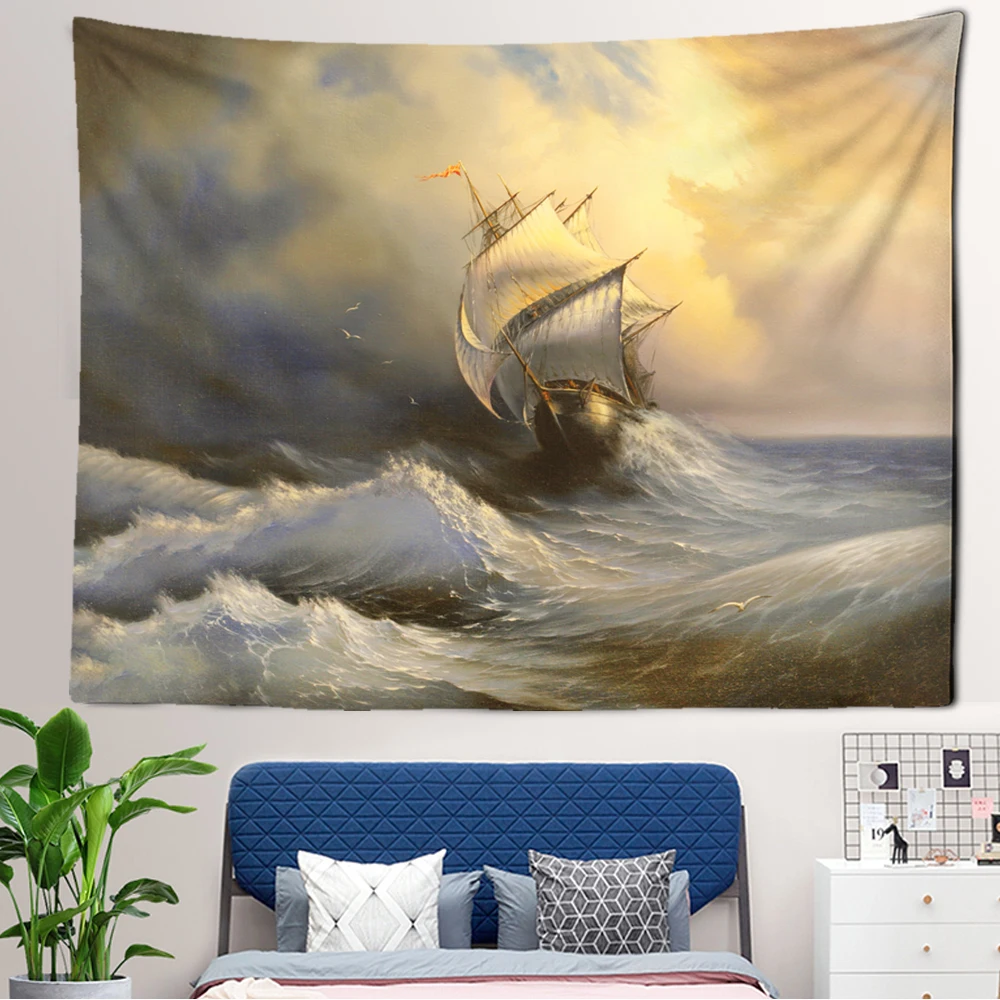 Классический настенный гобелен с волнистым парусником художественное украшение