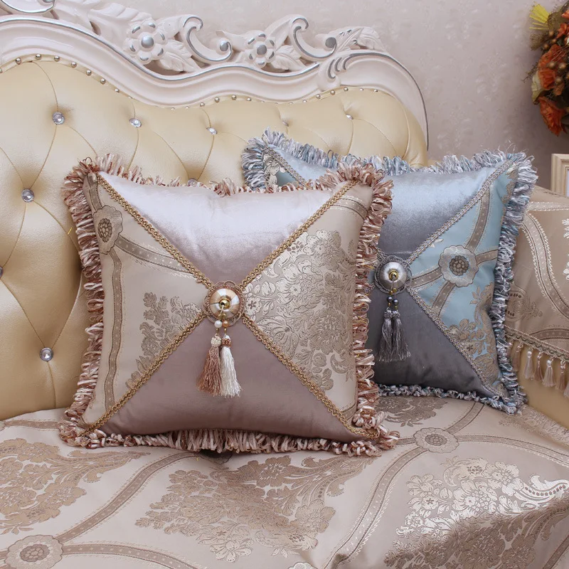 

luxury jacquard tassel cushion cover pillowcase beige/light blue fringes waist pillow cover for backrest