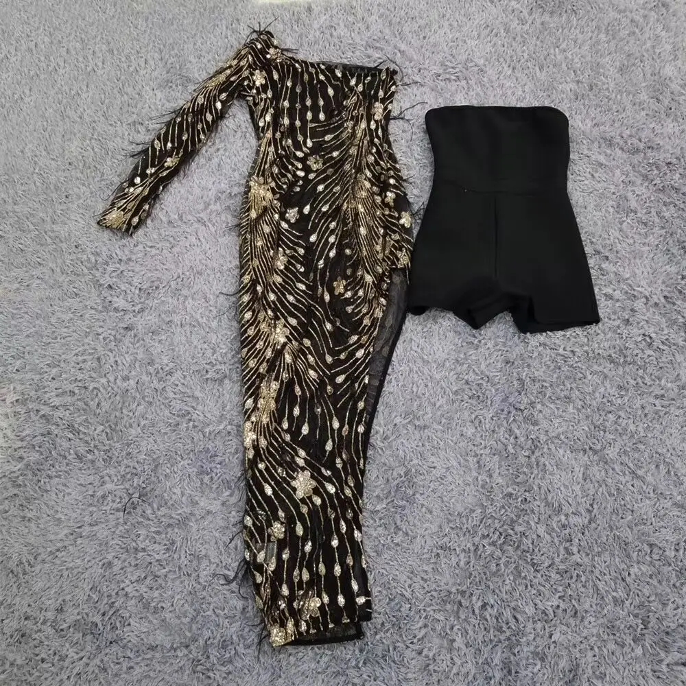 

Elegant high quality sexy women brown one - shoulder sleeveless Vestido Celebrity evening party bodycon Floor - length