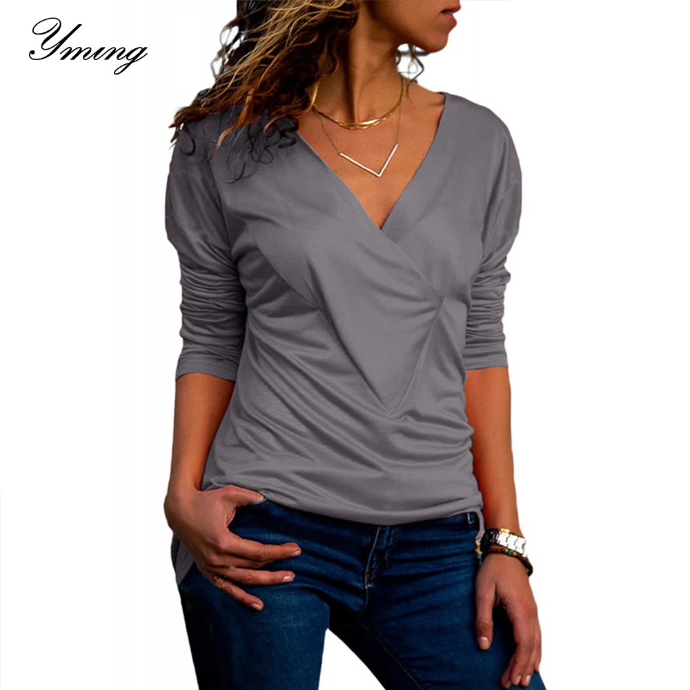 

YMING Fashion Women Shirts V Neck Ladies Tops Long Sleeve Ruched Blouses Woman Ruched Tunic Female Blusas Elegant Blouse Clothes