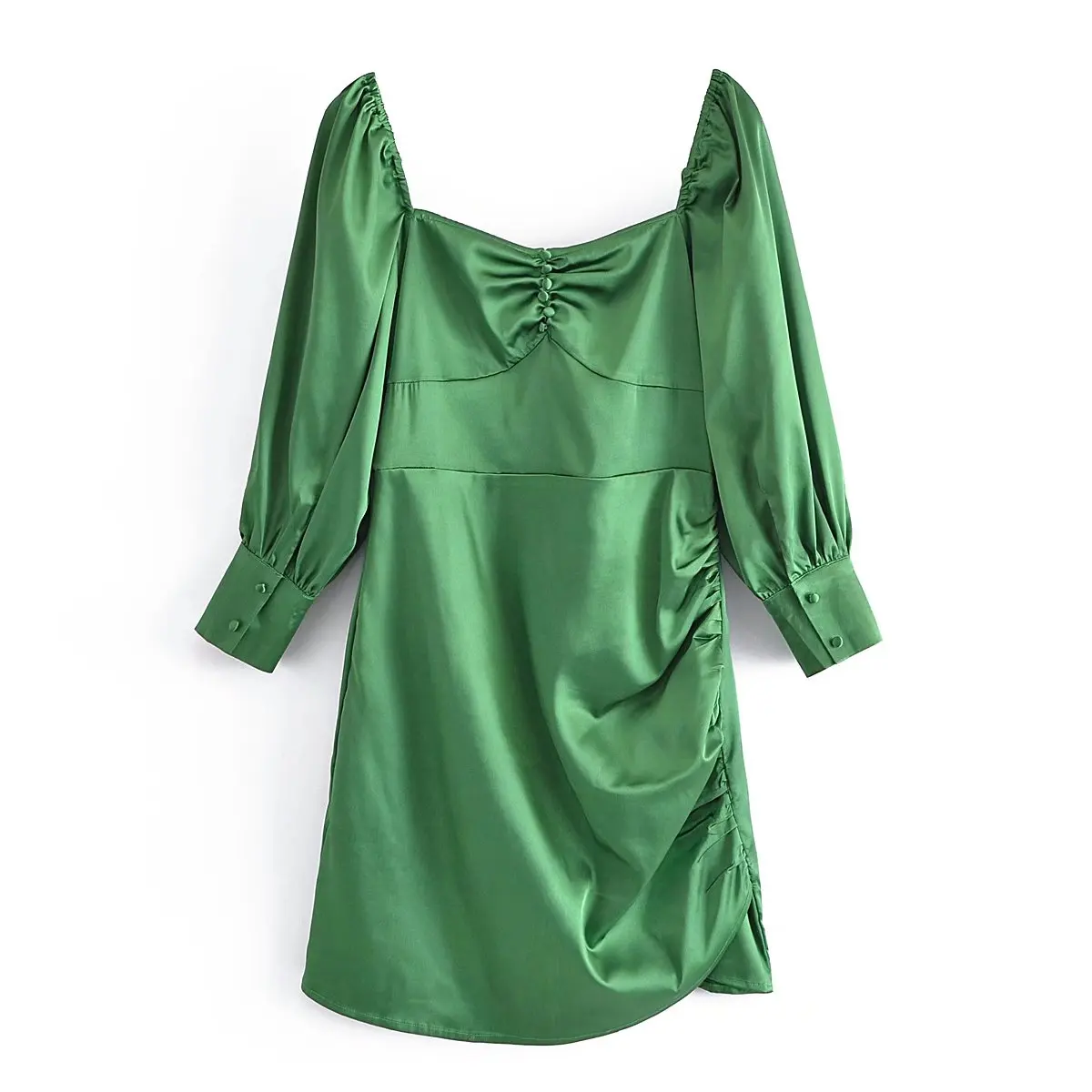 

Clazzaa Women Fashion Green Satin Dress Square Neckline with Pleated Detail Long Puff Sleeves Elegant Short Dress Female