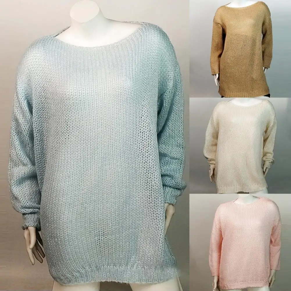 

Pullover Casual Mohair Thick Knit Wide Neck Sweater Lady Knitted Pullover Solid Color for Dating