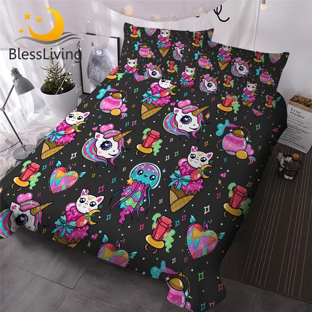 BlessLiving Unicorn Duvet Cover Set 3D Fantastic 3 Pieces Bedding Sets Ice Cream Quilt Cover for Kids Girl Kawaii Cats Bed Cover 1