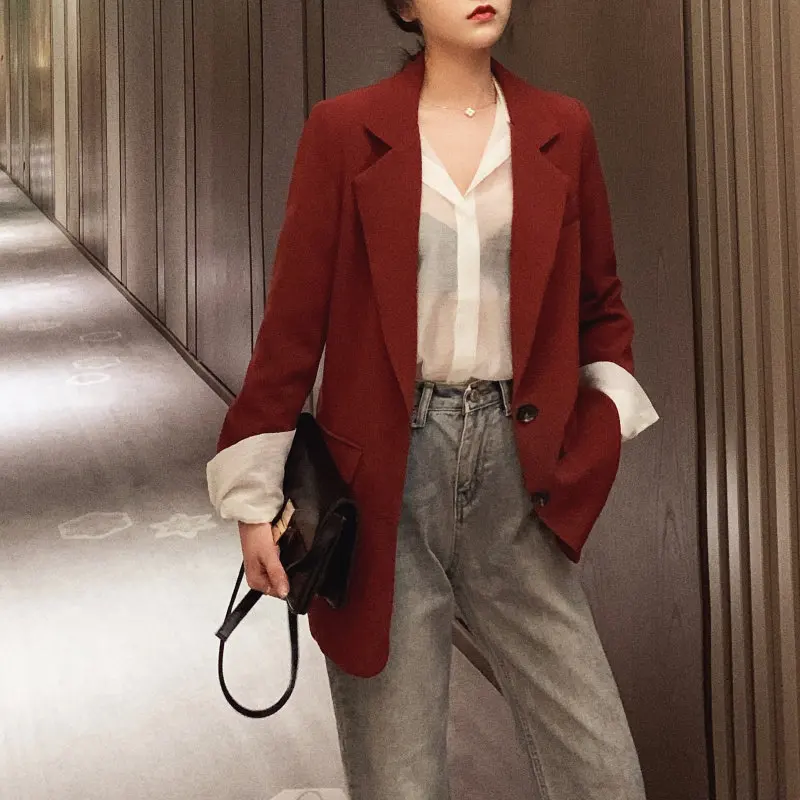 

HziriP Red Wine Plus Size Solid Streetwear High Quality 2020 OL Women Gentle Hot All Match Autumn Slender Chic Loose Blazers