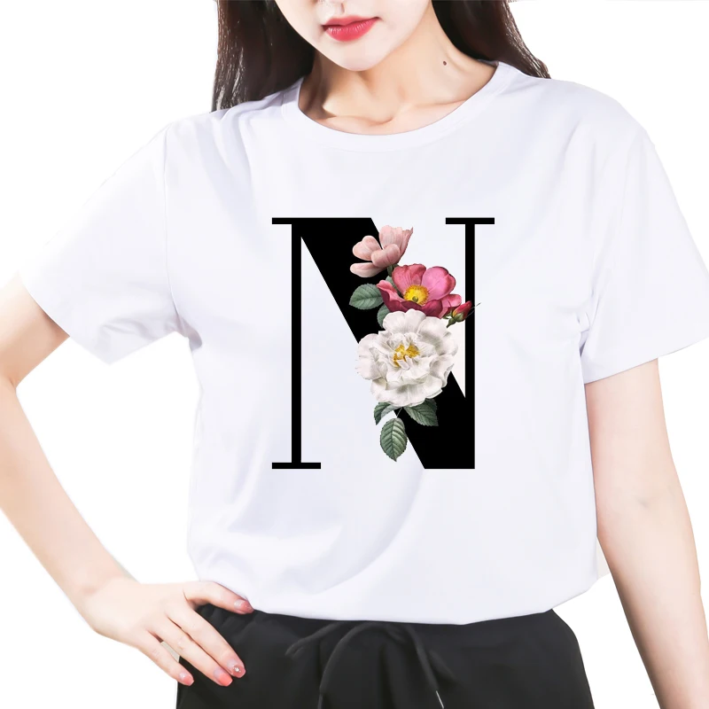 

Custom name 26 letter combination women's High quality printing T-shirt Flower letter Font N Short sleeve Clothes