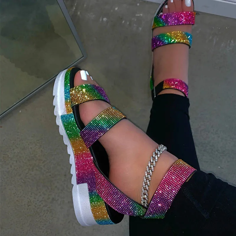 

Summer Sandals Fashion Rhinestone Women's Shoes Colorful Ladies Shoes Open Toe Low Heel Platform Outdoor Sandals Plus Size 43