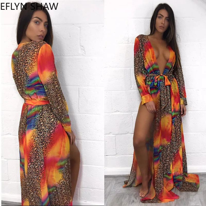 Женское пляжное платье с длинным рукавом шифоновое макси-платье глубоким