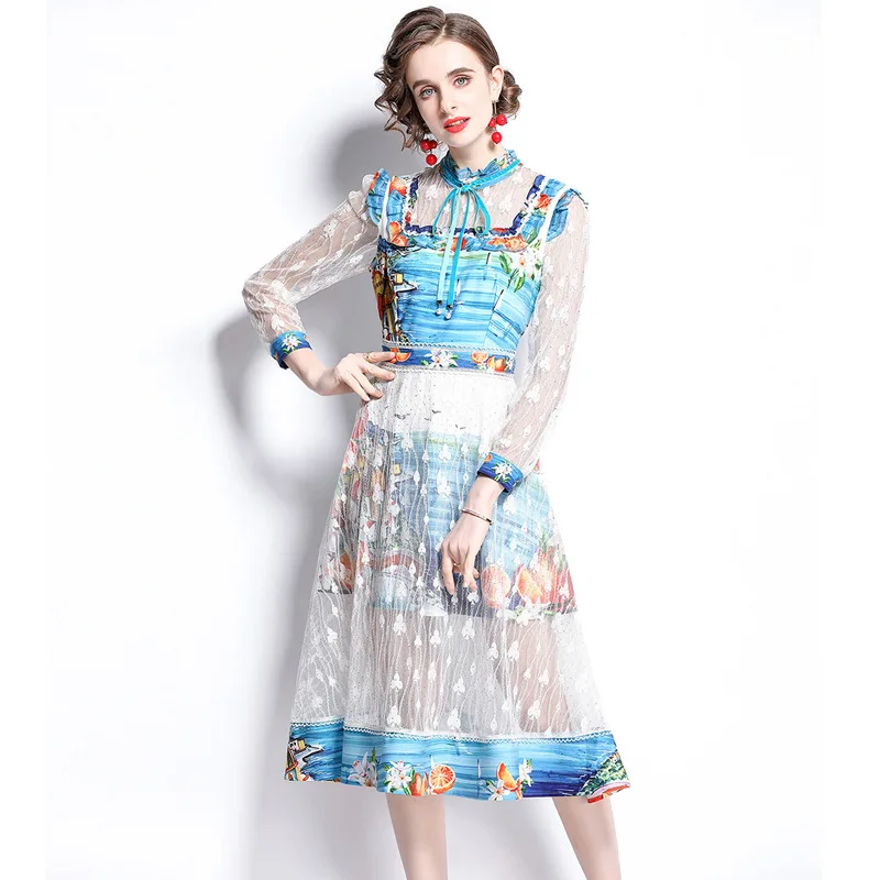 

Женское модельное платье с воротником-стойкой, вечерние чные Платья Миди составного кроя с длинным рукавом, кружевными оборками и винтажны...