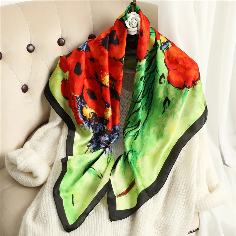 

Women Large Square Silk Scarf Floral Printed Lady Neck Hijab Scarves Foulard Beach Shawls and Wraps Pashmina Female Bandana