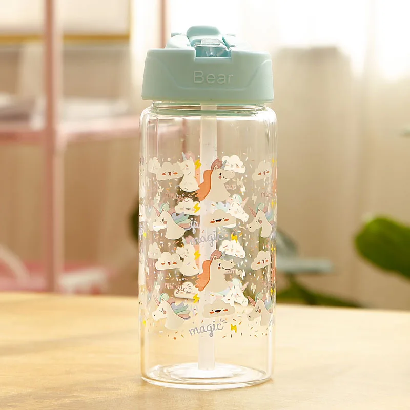400ml Green Стеклянная бутылка для воды с единорогом для детей с соломинкой и откидной крышкой для девочек Герметичная Бутылка для путешествий BPA Бесплатно 300 мл, 400 мл - Цвет: 400ml Green