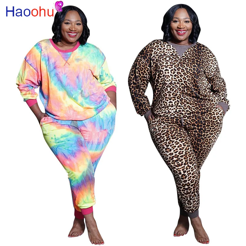 

HAOOHU Active Super size XL-5XL Leopard Tie Dye Women Set Sweatshirt Pants Matching Set Tracksuit Fitness Two 2Piece Set Outfit