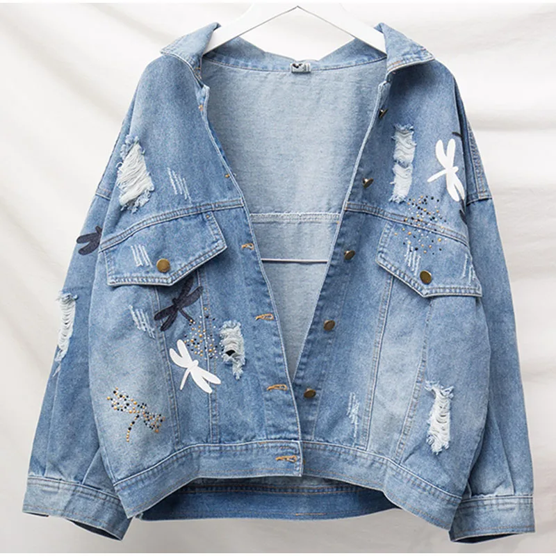 Женская джинсовая куртка бойфренд свободного покроя с вышивкой размеры 3Xl 4Xl 5Xl