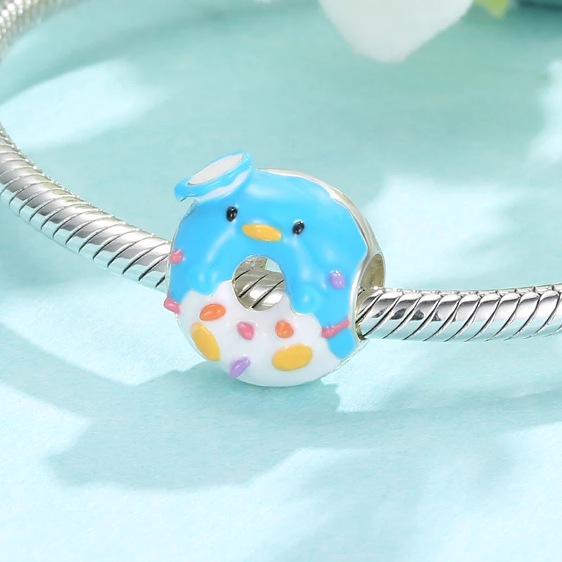 

Hot Fashion 925 Sterling Silver Cute Animal Shaped Donuts Food Charms Fits Original DIY Women Bracelet Enamel Jewelry Making