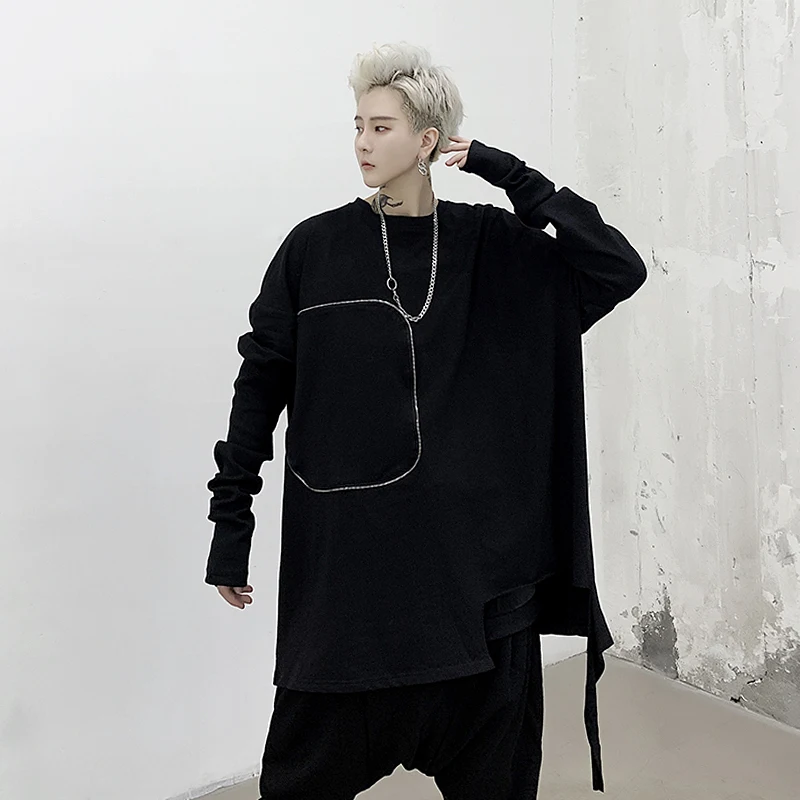 IEFB / Men's Clothes 2020 autumn Hip-hop Personality Hem Zipper Decoration Loose Long Sleeve T-shirt Big Size 9Y432 | Мужская одежда
