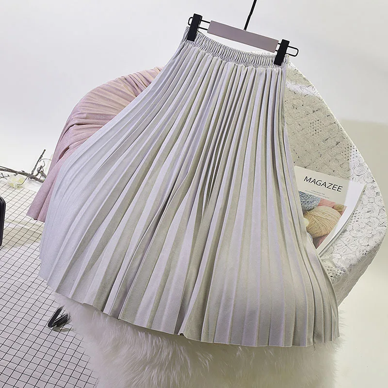 Autumn Winter Mid-Calf Korean Pink Plissee Skirt High Quality Fashion Midi Large Swing Pleated Velvet 2019 Women | Женская одежда