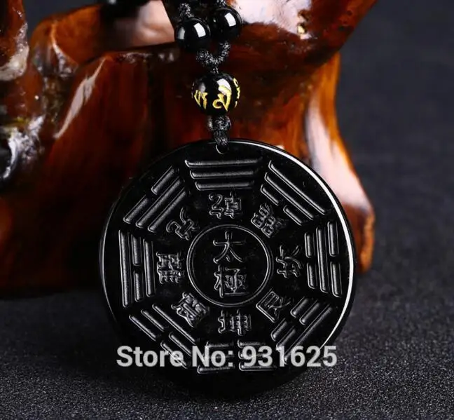 Beautiful Handwork Natural Black Obsidian Carved Chinese TaiJi BaGua Amulet Lucky Pendant + Beads Necklace Fashion Jewelry | Украшения и