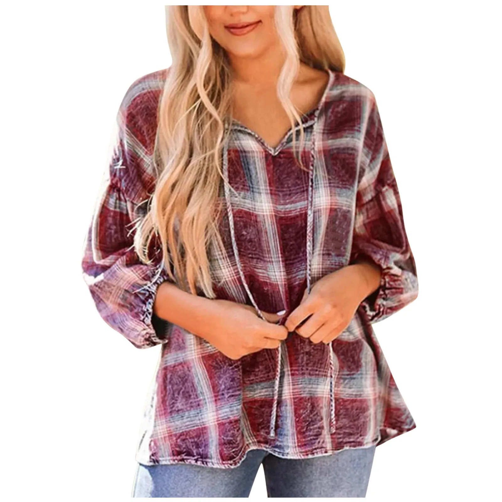 

Womens T-Shirts Casual Plaid Print Knot V Neck Shirt Loose Long Sleeve Pullover Tops Feminina Streetwear Autumn Shirts D716#