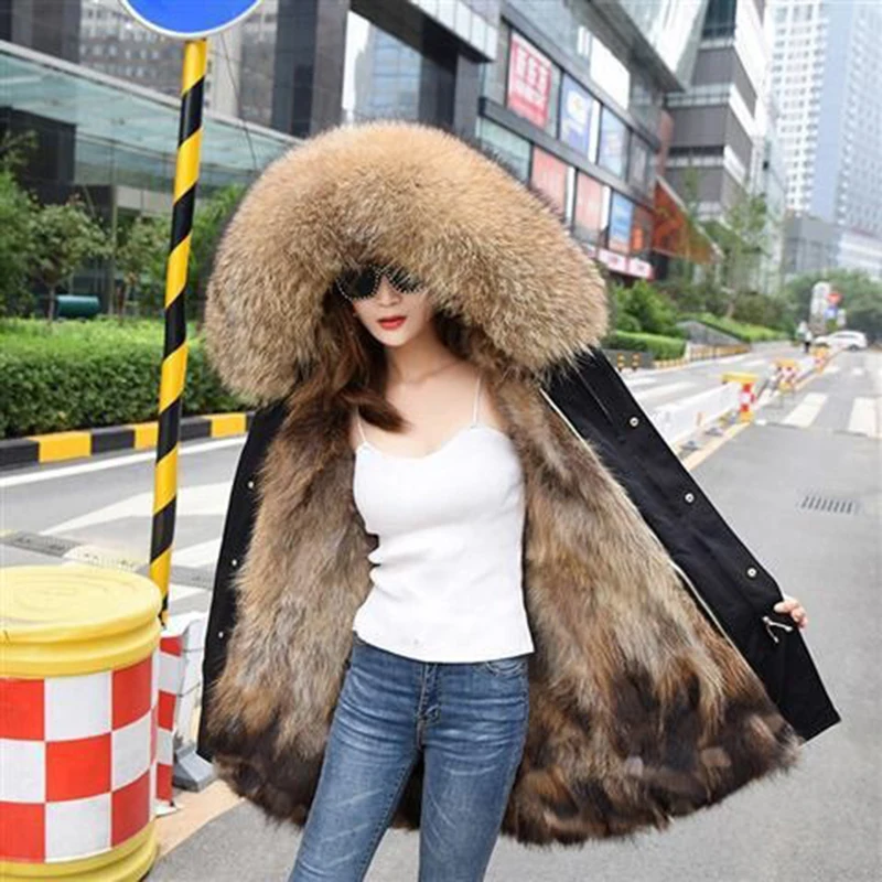 Женская длинная парка водонепроницаемая с капюшоном и натуральным мехом енота