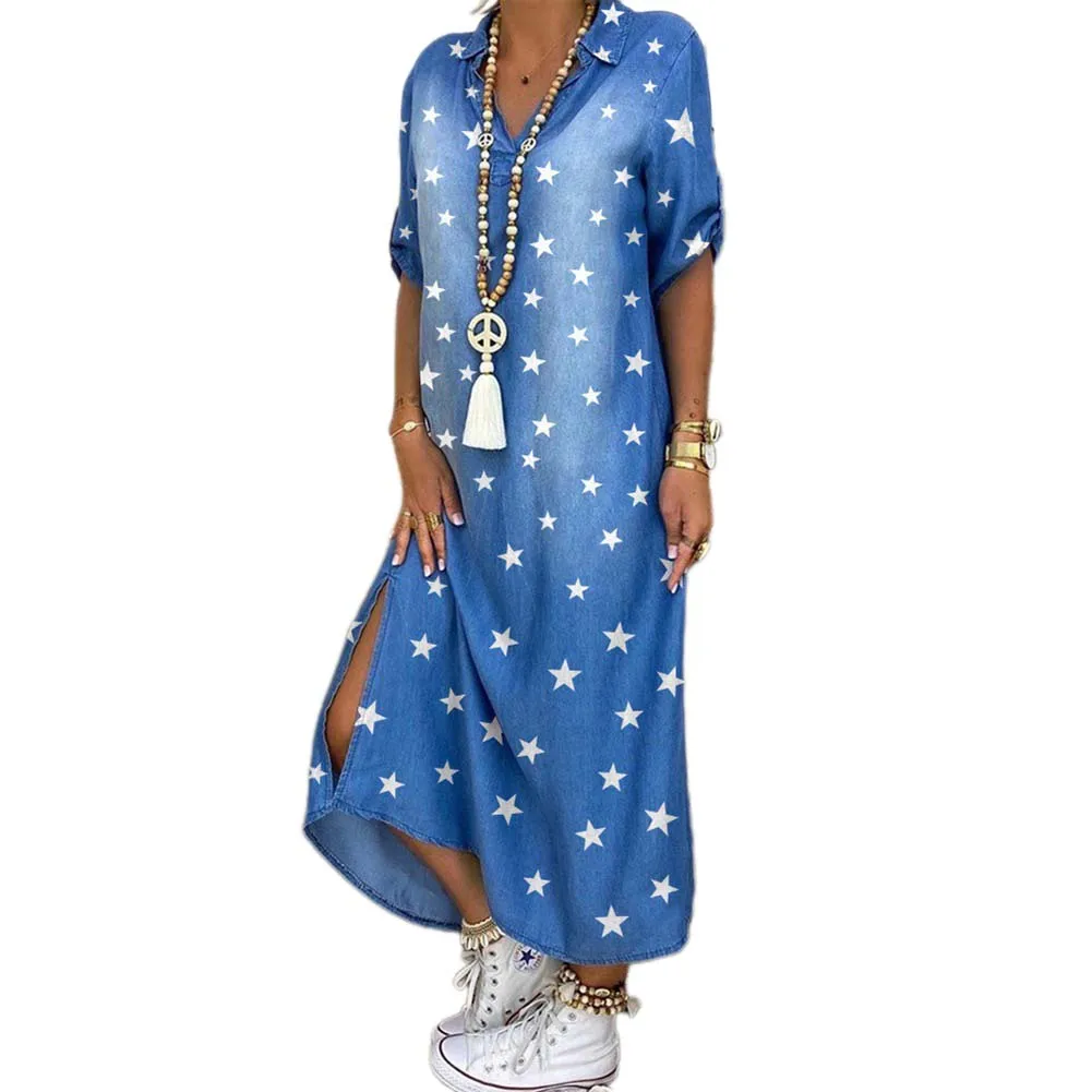 

Women Long Sleeve Dress Casual Streetwear V-Neck Loose Maxi Dress Turn-down Collar Dresses Loose Side Spilt Shirt Dresses