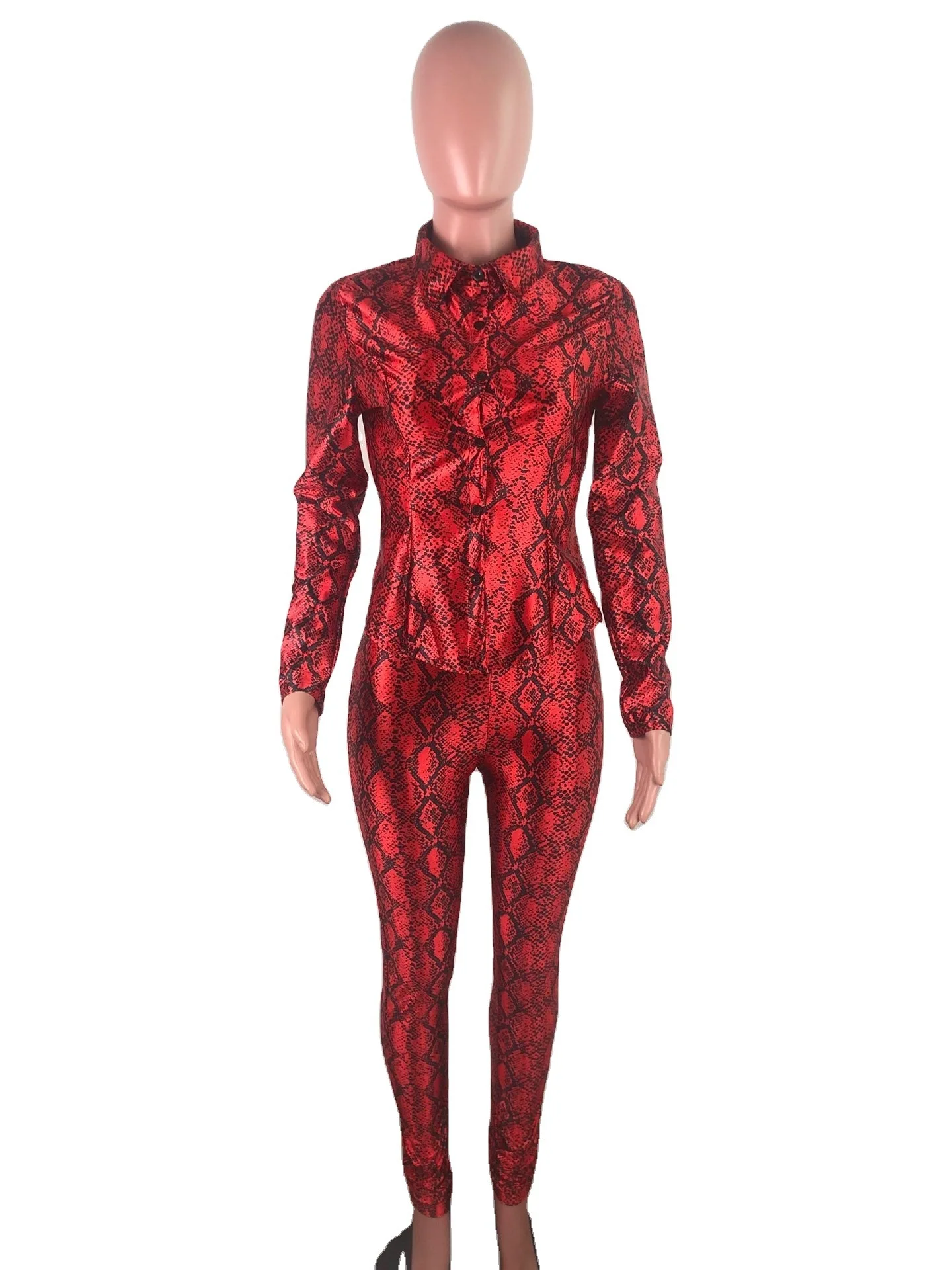 

Serpentine Print Casual Women Tracksuit Two Pieces Set Buttons Turn Down Collar Top Pants 2 Pieces Set Sports Suit Outdoor Wear