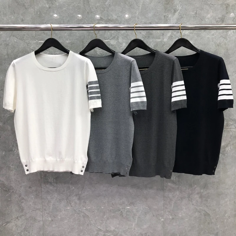 

TB THOM T-Shirt Fashion Brand Custom Wholesale Clothing Silk Cotton 4-Bar Stripe Knitted O-Neck Shortsleeve Sweatshirt